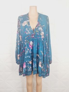 Free People Teal Dress with Pink Bird Print